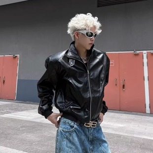 Spring and Autumn Niche Deconstructed Collar Design Leather Jacket Men's Retro Design Advanced Sense Shoulder Pad Motorcycle Jacket Short Style