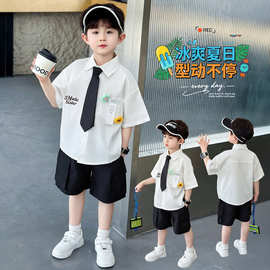 男童夏款短袖衬衫套装儿童薄款两件套2026新款酷帅小男孩休闲衣服