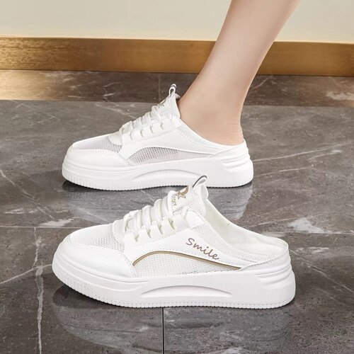 Mesh Airy Slippers 2025 New Summer Casual White Shoes Thick Sole Stylish Rounded Toe Half Support Foreign Trade Wholesale