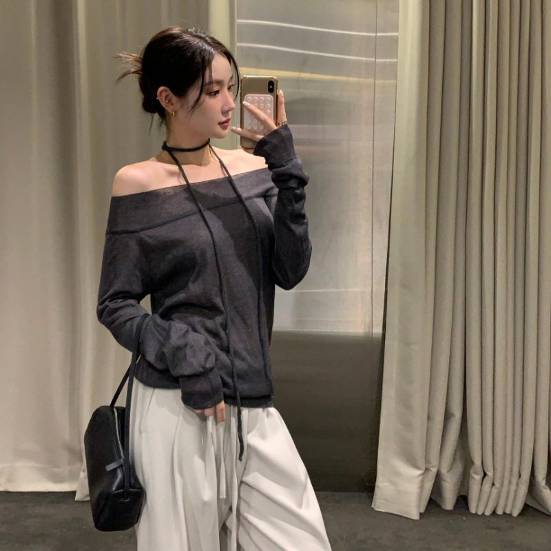Korean Chic Spring and Summer New French Halter Strap One-Line Collar Off-Shoulder Long-Sleeved Thin Knitwear Top 4 Colors