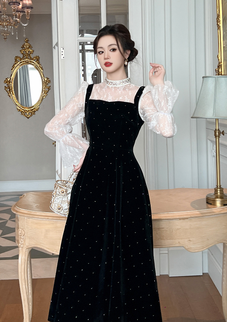 Đầm nhung đính kim cương cổ tròn eo thả dáng giả hai lớp — đen chi tiết 13