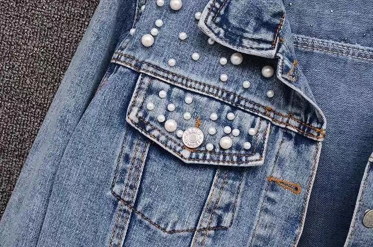 Women's Denim Jacket With Pearl Embellishments, Short Length, Plus Size, Stylish And Comfortable For Casual Wear - Black, White, Sky Blue_voghion.com