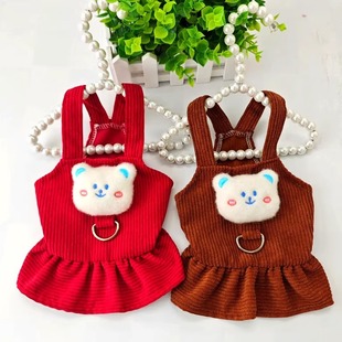 Cute Bear Corduroy Skirt Pet Clothes Teddy Bichon Pomeranian Poodle Cat and Dog Leashable Skirt