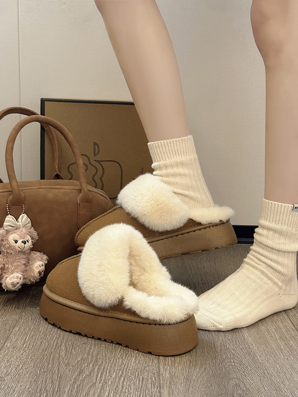 Furry Slippers for Women, New Winter 2026 Model, Leather and Fur Integrated Snow Boots, Thick-Soled, Plush-Lined, Closed-Toe Cotton Slippers