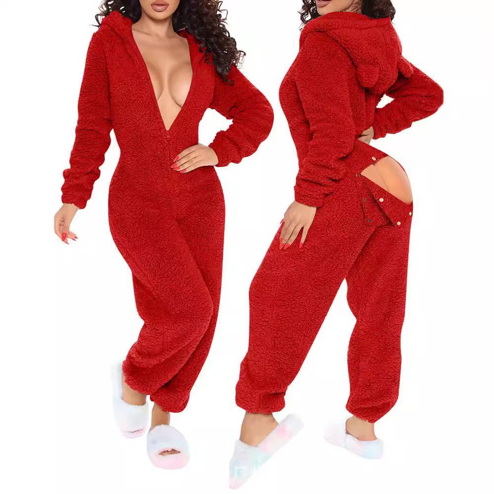 Kuscheliger Fleece Jumpsuit Für Damen Langarm Einteiler Romper_voghion.com