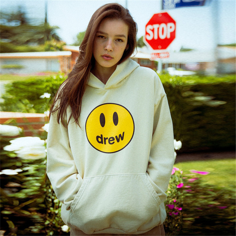 Justin Bieber's same-style DREW letter smiley face print sweater men's and women's lovers casual thin hoodie trendy Justin Bieber's same-style DREW letter smiley face print sweater men's and women's lovers casual thin hoodie trendy