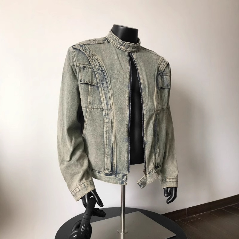Spring and Autumn Trendy Brand Deconstructed Heavy Industry Washed Old Vertical Collar Shoulder Pad Denim Jacket Men's Profile Zipper Short Jacket Trendy Spring and Autumn Trendy Brand Deconstructed Heavy Industry Washed Old Vertical Collar Shoulder Pad Denim Jacket Men's Profile Zipper Short Jacket Trendy