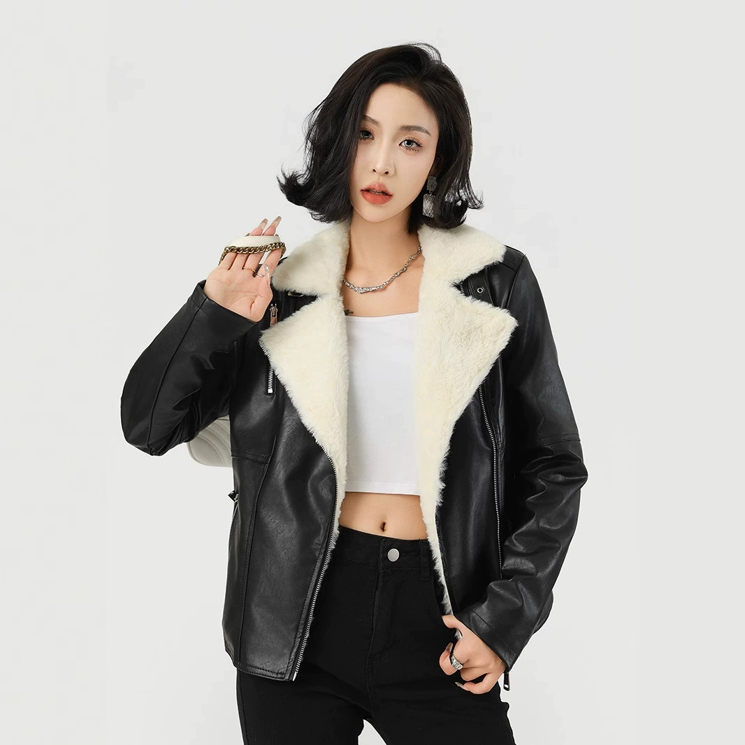 Модная кожаная куртка с флисовой подкладкой, утолщенное зимнее женское кожаное пальто, новинка в наличии, короткая кожаная куртка для женщин через границу, на заказ.