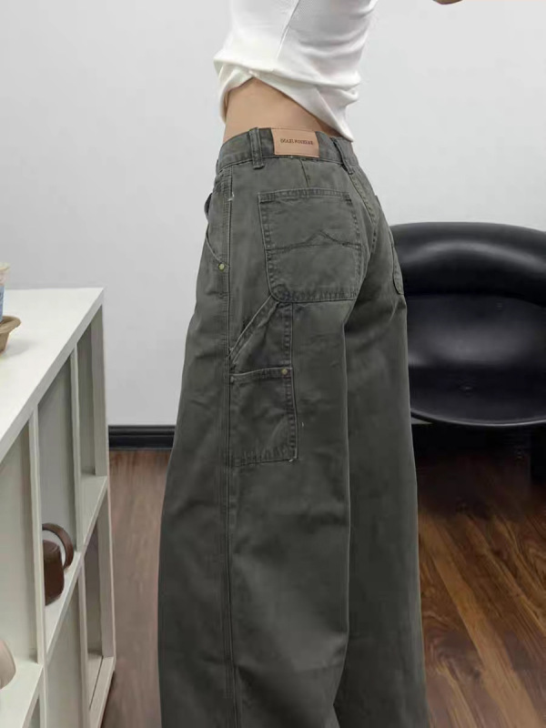 大码复古美式军绿色牛仔裤女秋季胖mm宽松高腰显瘦直筒阔腿工装裤|undefined