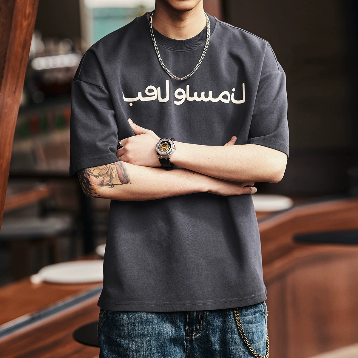 Summer red short sleeve T-shirt for leisure, American style, oversize
