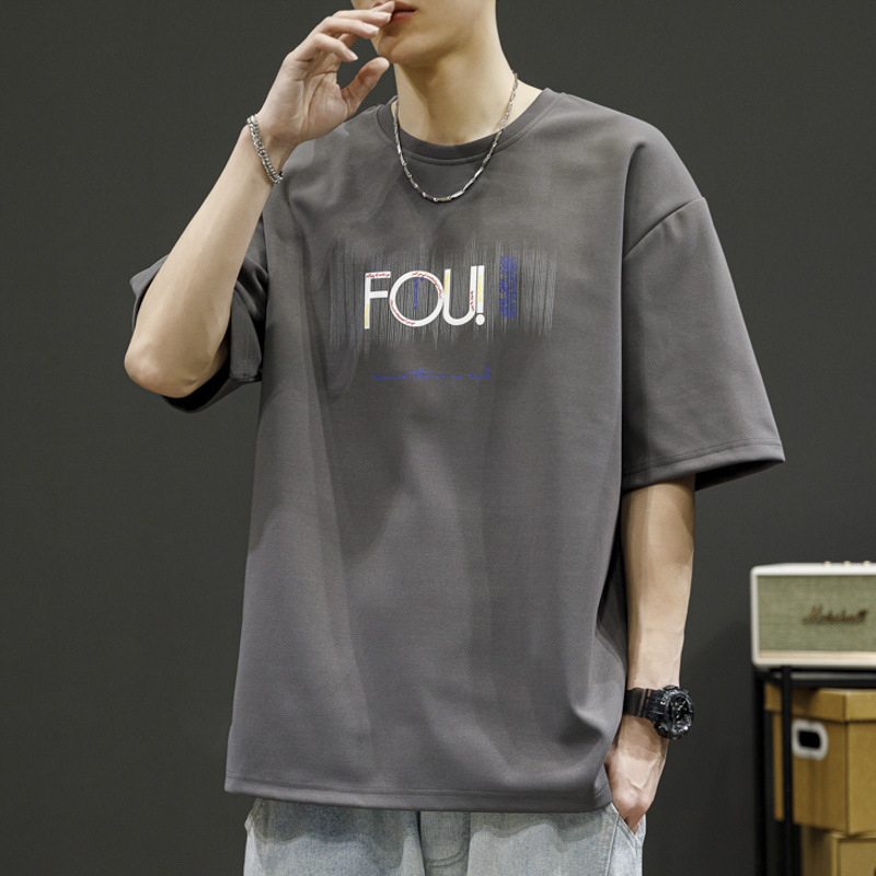 Large size men's short-sleeved round neck print knitted half-sleeved larger and widened youth Hong Kong style fat man top trendy