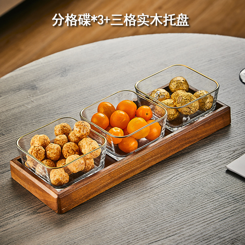 胡桃の木の果物の皿の間食の収納箱の軽くて豪華な高級なガラスの果物の皿のお茶のいくつかのお茶のお菓子の分格の皿|undefined