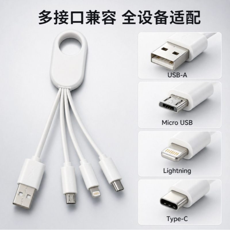 钥匙扣充电线一拖三五数据线多功能礼品线适用于安卓苹果华为手机