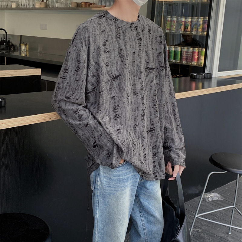 La Primavera de cuello redondo de manga larga Camiseta de los hombres de estilo coreano estilo de Hong Kong casual todo partido de moda ins pullover personalizado rasgado camiseta top