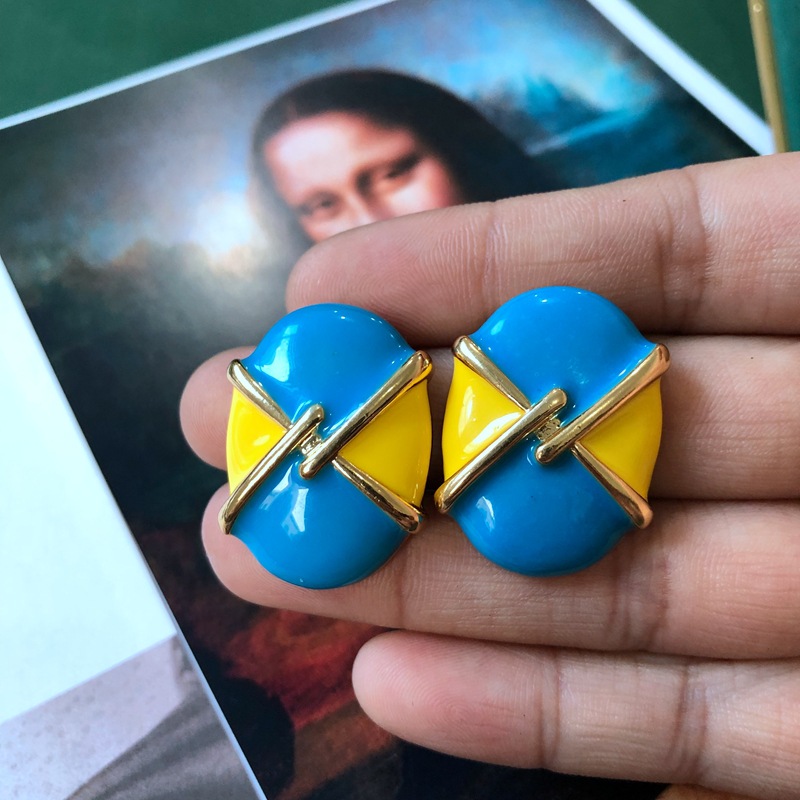 vintage geometric contrast color plaid bluegreen square heart pearl earringspicture3
