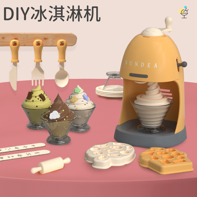 2026 Cross-Border New Product Toy Pretend Play Ice Cream Machine DIY Set with Colored Clay and Realistic Kitchen Utensils