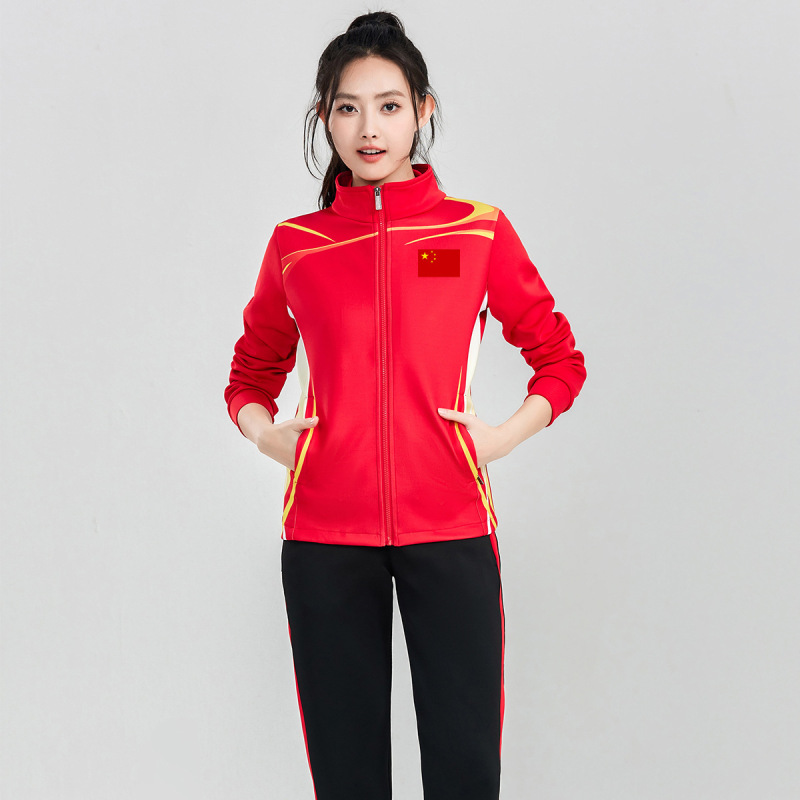 中国チームの男性と女性の同じスタイルのスポーツとレジャースーツランニングフィットネススポーツウェア春と秋のジャケットグループスーツプリント|undefined