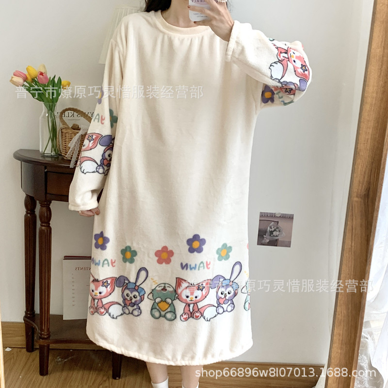Pijamas de mujeres otoño invierno de franela lindo dibujo animado 2024 nuevo coral de lana gruesa falda cálida ropa para el hogar