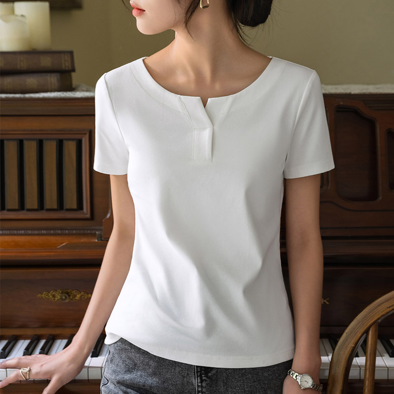 Camiseta de manga corta para mujer verano 2023 nueva camiseta de algodón de color sólido con cuello redondo medio abierto para mujer