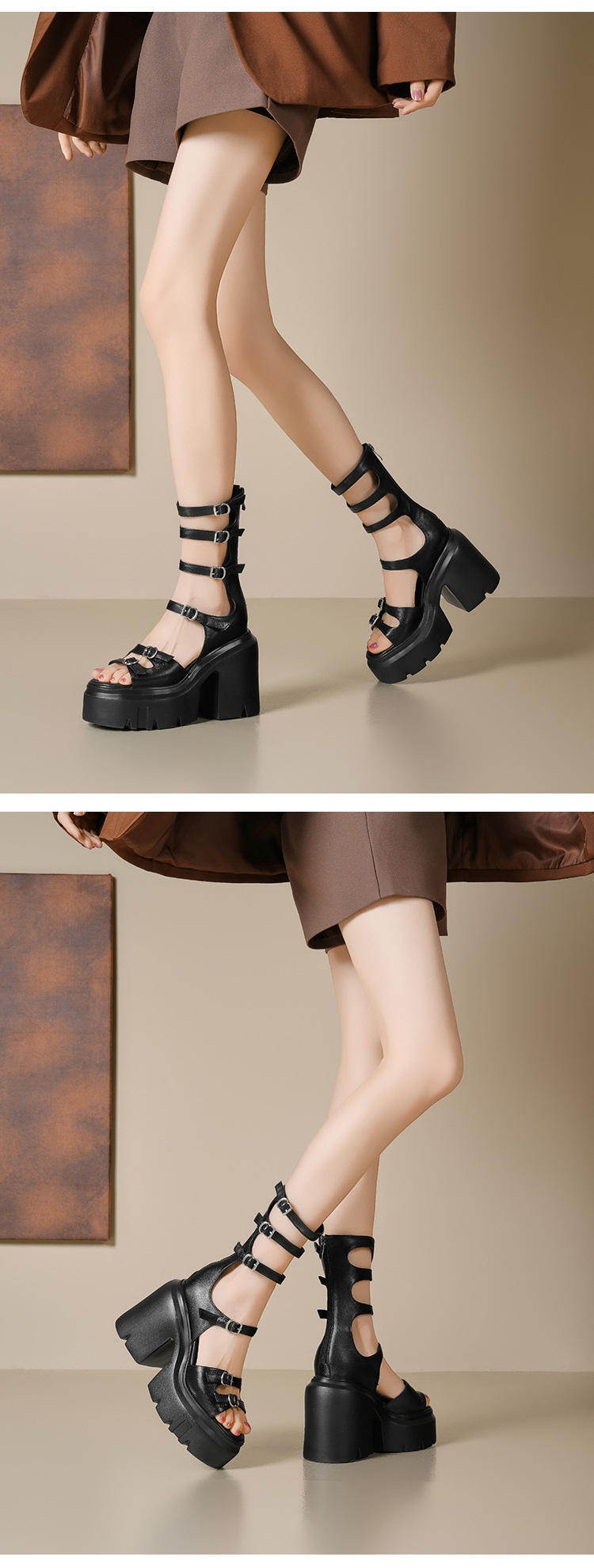 Boot sandal nữ cổ thấp đế dày gót 12 cm khóa thắt lưng — Màu đen chi tiết 11