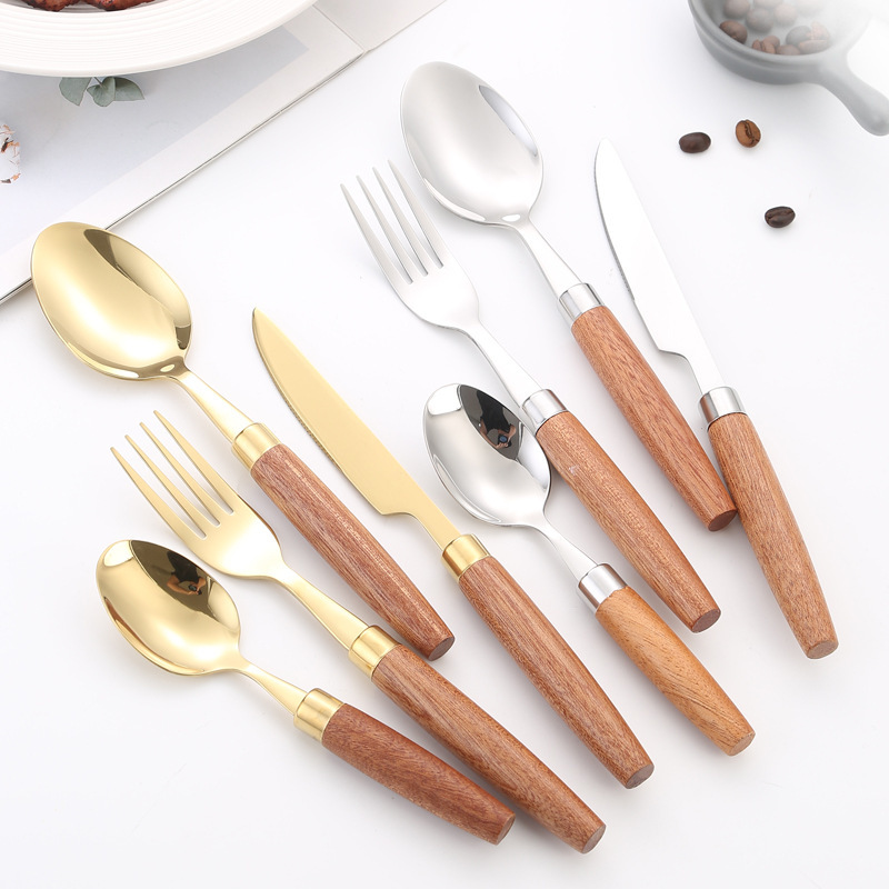 Cross-border Japanese-style 304 Stainless Steel Tableware Wooden Handle Western-style Knife and Fork Spoon Dessert Spoon Steak Knife Set for Hotel