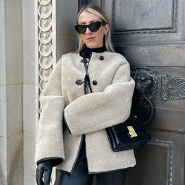 ZA速卖通爆款跨境欧美风女装单排扣圆领纯色仿皮毛大衣时尚百搭