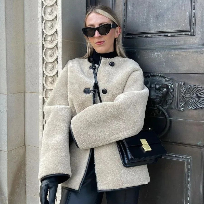 Za Aliexpress Hot Cross-Border European and American Style Women's Single-Breasted Round Neck Pure Color Imitation Fur Coat, Fashionable and Versatile Za Aliexpress Hot Cross-Border European and American Style Women's Single-Breasted Round Neck Pure Color Imitation Fur Coat, Fashionable and Versatile