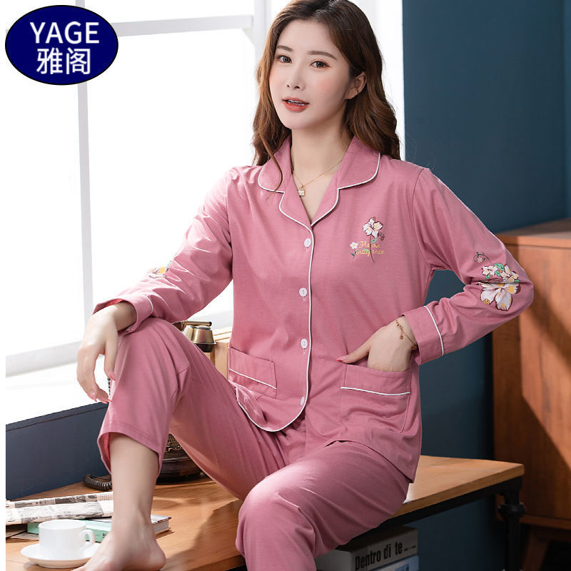 Pijamas de algodón Primavera y otoño de las mujeres chaqueta de manga larga traje de mediana edad y las madres mayores más tamaño al aire libre desgaste del hogar de invierno