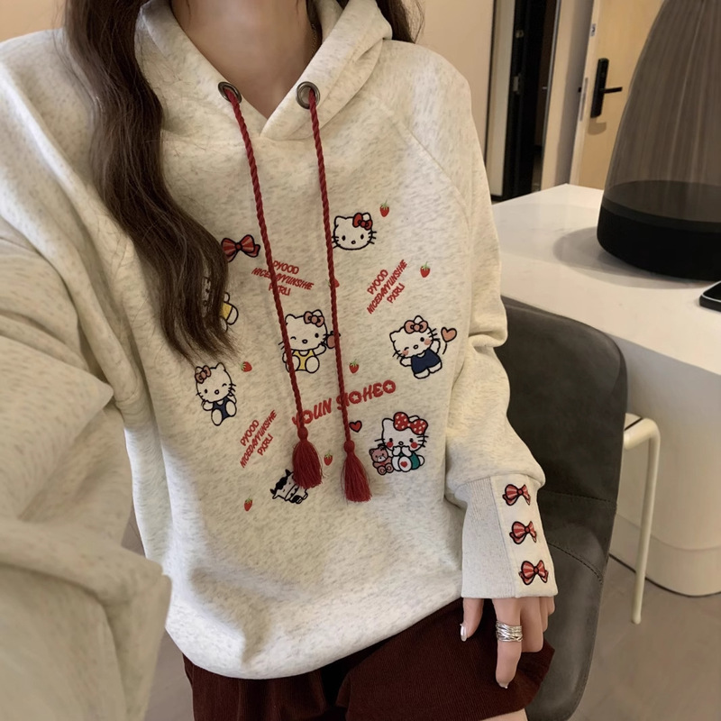 Off-Line Same Style fleece-lined Thickened Hello Kitty Embroidered Hooded Sweatshirt Women's Autumn and Winter New Loose Hooded Commuter Top Off-Line Same Style fleece-lined Thickened Hello Kitty Embroidered Hooded Sweatshirt Women's Autumn and Winter New Loose Hooded Commuter Top