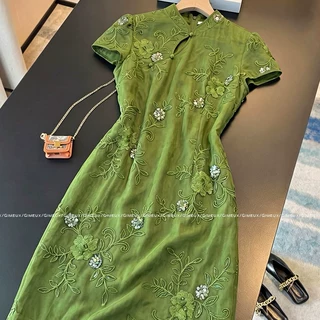 吉默2026夏季新款新中式改良旗袍连衣裙女绿色刺绣亮片高端礼服裙