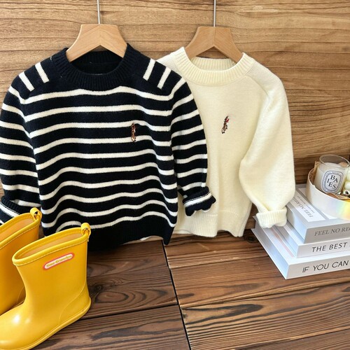 Children's sweater  autumn and winter new boys and girls embroidery casual striped knit sweater Korean style wool sweater trendy