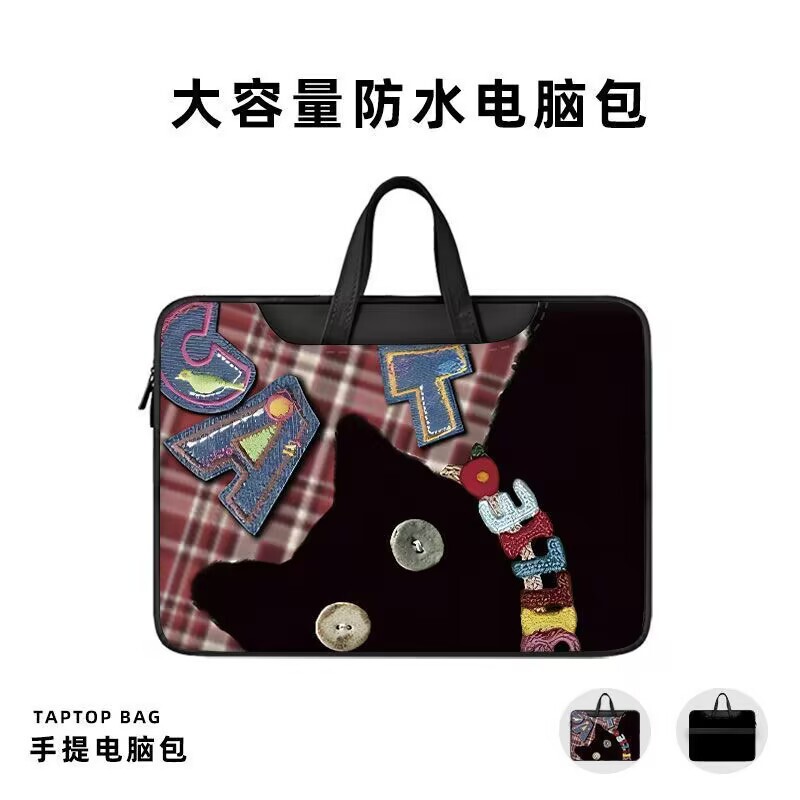 布艺黑猫卡通插画笔记本电脑包手提单肩两用适用苹果/华为/小米/|undefined