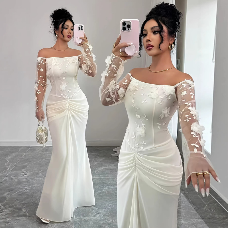 European and American Cross-Border Women's Fashion Elegant Solid Color Embroidered Mesh Patchwork Off-Shoulder Ruched Long-Sleeve Long Dress European and American Cross-Border Women's Fashion Elegant Solid Color Embroidered Mesh Patchwork Off-Shoulder Ruched Long-Sleeve Long Dress