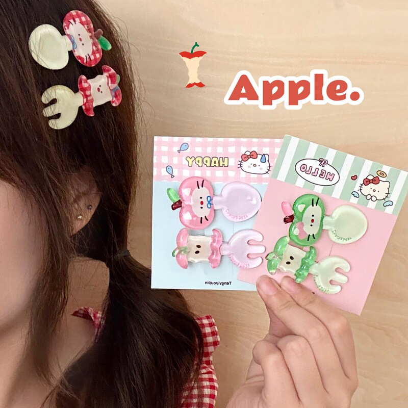 Tengyi Original Cute Apple Kitten Fork Spoon Hairpin Girl Versatile Acrylic Creative Bangs Clip Cartoon Hair Accessories