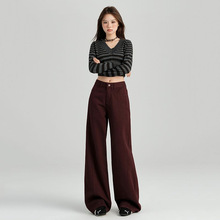 安可拉红阔腿牛仔裤女2025新款秋季高腰宽松显瘦慵懒感直筒拖地裤