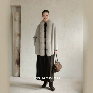 ES MODISH 冬季新品高端狐狸毛球围脖绵羊毛外套双面呢羊毛大衣女