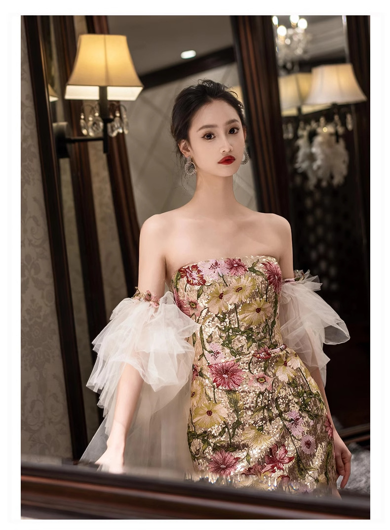 Váy đuôi cá cao cấp kiểu quây ngực trễ vai, phong cách Trung Quốc, dáng ôm body — Váy lễ phục màu sâm panh chi tiết 11