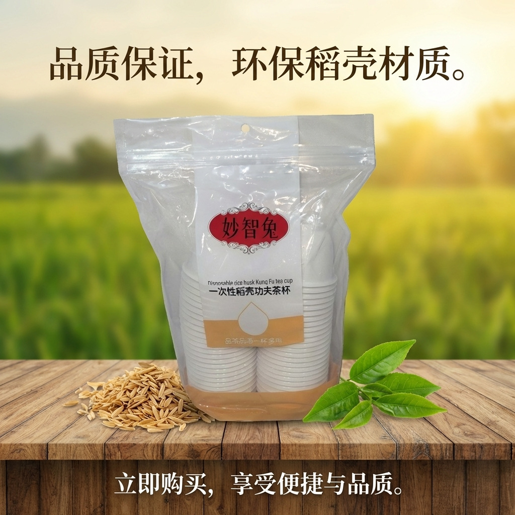 Miaozhitu Disposable Rice Husk Kung Fu Tea Cups Are Biodegradable, Food-Grade, Environmentally Friendly, Heat-Resistant, Suitable for Office and Home Use, and Do Not Require Washing