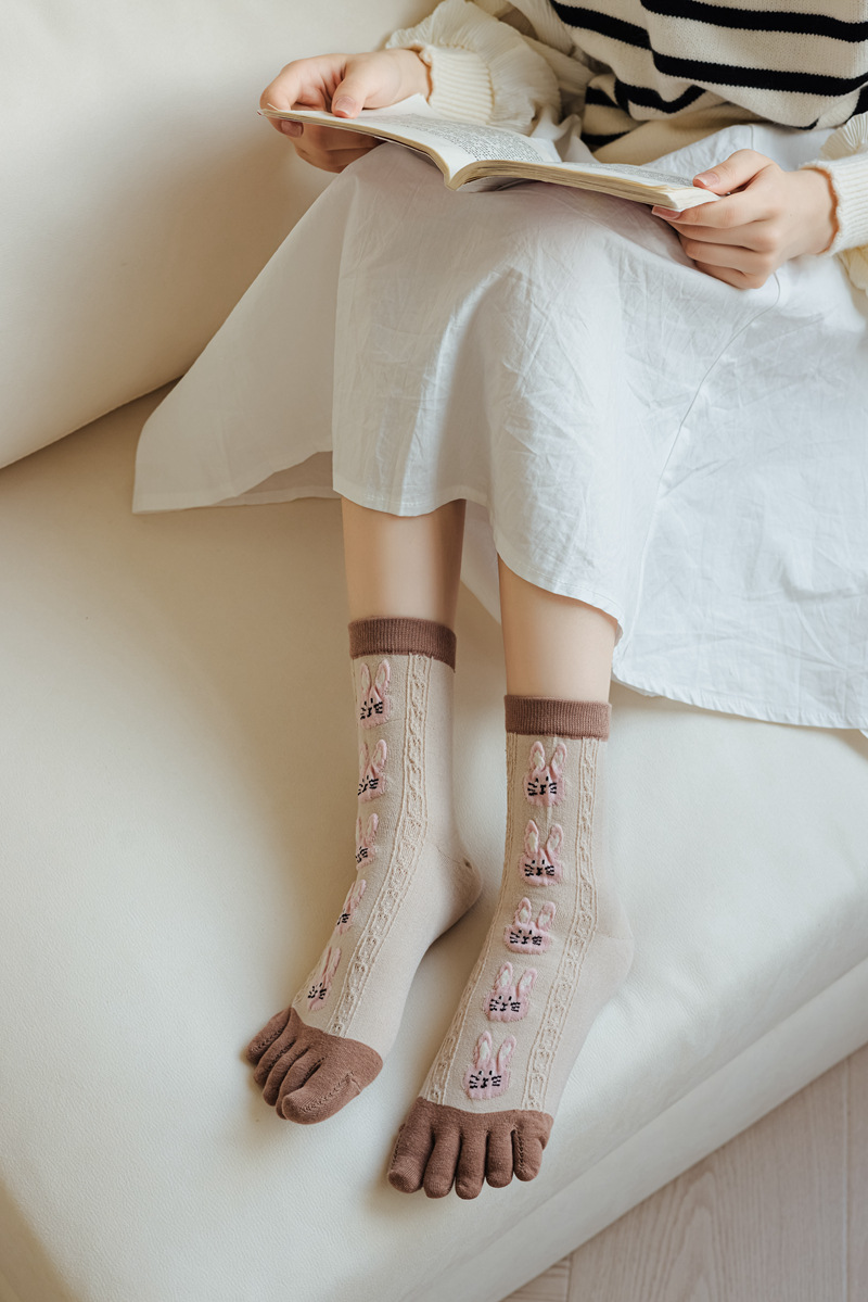 Frauen Herbst Und Winter Reine Baumwolle Fünf Finger Socken Gedruckt Split Toe Socken Vintage Bequeme Socken – Detail 2