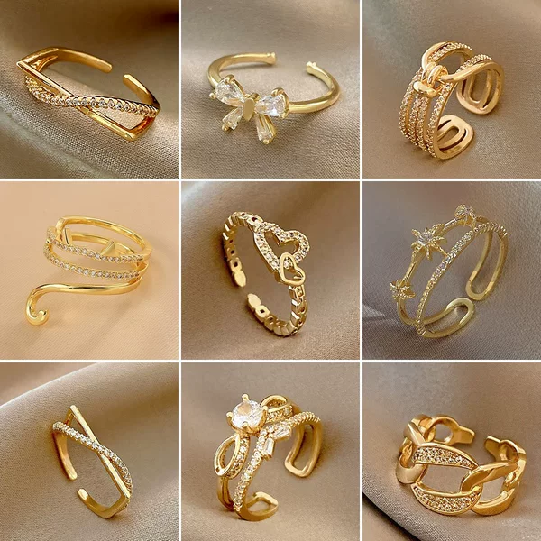 Light Luxury Copper Inlaid Zircon Ring, Feminine and High-End Opening, Adjustable Super Flash Ring, Simple Popular Ins Style