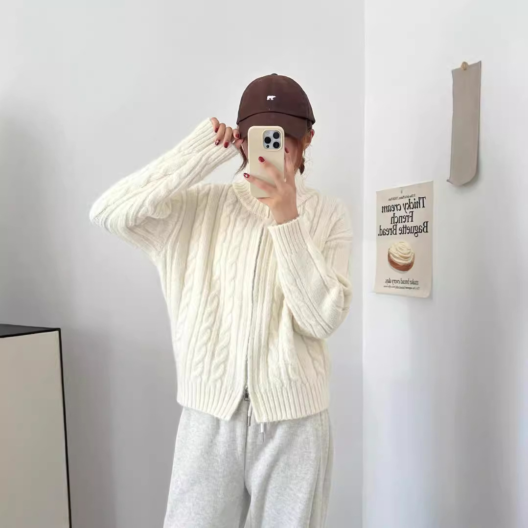 24 invierno Puyuan collar de pila retro flor trenzada lana tejido cardigan de color sólido de mujer coreana