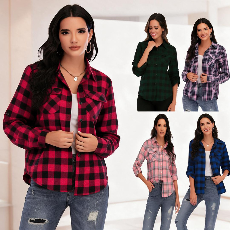 Amazon women's autumn and winter new collection: foreign trade-style plaid shirt, European and American women's fashion, long-sleeved plaid shirt with a mandarin collar