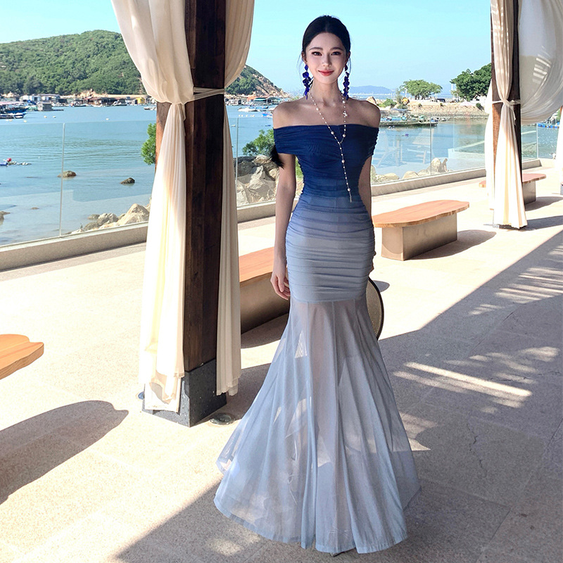 Blue Gradient One-Shoulder Dress for Women Summer Tube Top Mesh See-Through Long Skirt for Tall People