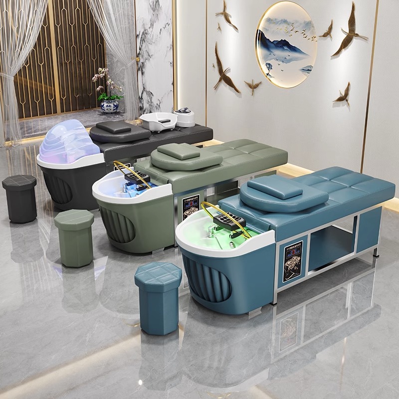 Tratamiento de cabeza tailandesa cama de champú de acero inoxidable salón de belleza especial salón de fumigación circulación de agua arco cuenca cama de masaje mentira plana