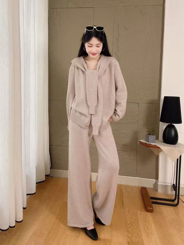 气质休闲毛衣披肩三件套女2025秋冬新款宽松开衫上衣+阔腿裤套装|undefined