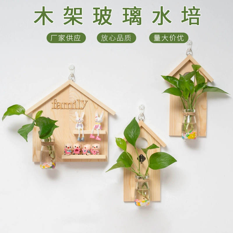 Креативная ретро-ваза для цветов из дерева с настенным креплением, стеклянная, для гидропонных растений, домашний декор