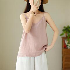 Actual shoot 2023 summer thin and soft linen small strap top, pure linen V-neck inner wear literary strapless backless top