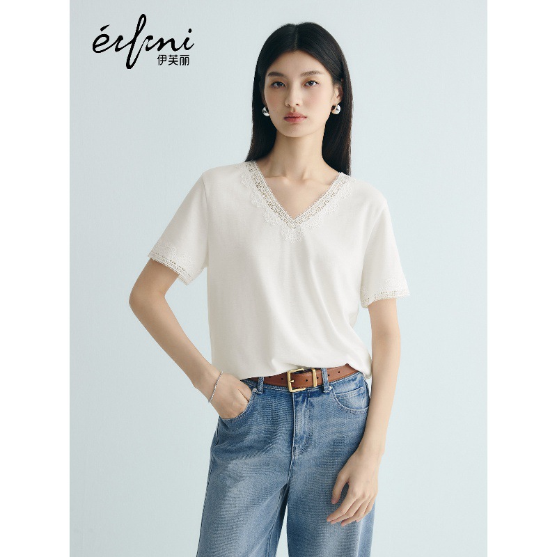 Eifini linen lyocell lace patchwork V-neck exquisite design T-shirt short-sleeved top for women, new for summer 2026.