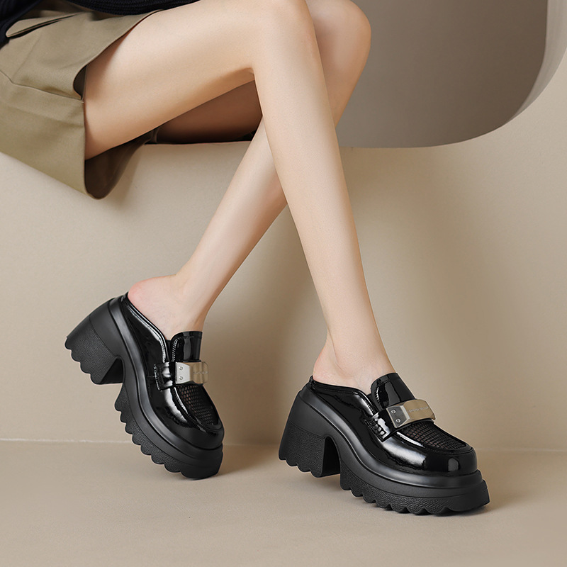 Giày mule cao gót 10 cm nữ mũi nhọn khoét lỗ lưới thoáng khí — Màu be, Màu đen