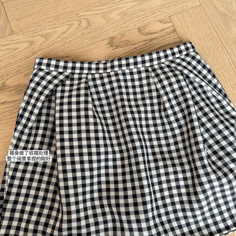 韩国新款经典系黑白格短款半身裙女夏季设计感百搭休闲花苞短裙子|undefined